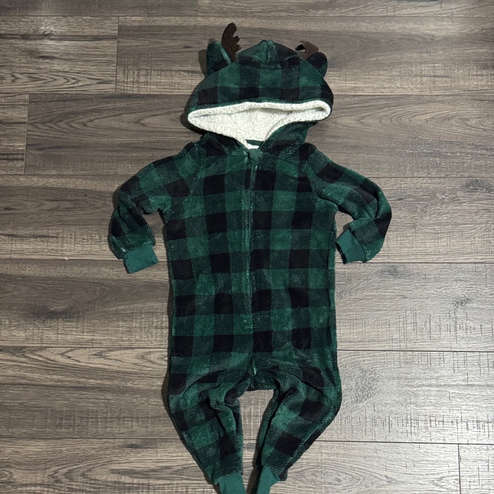 Green Plaid Reindeer Kids One Piece